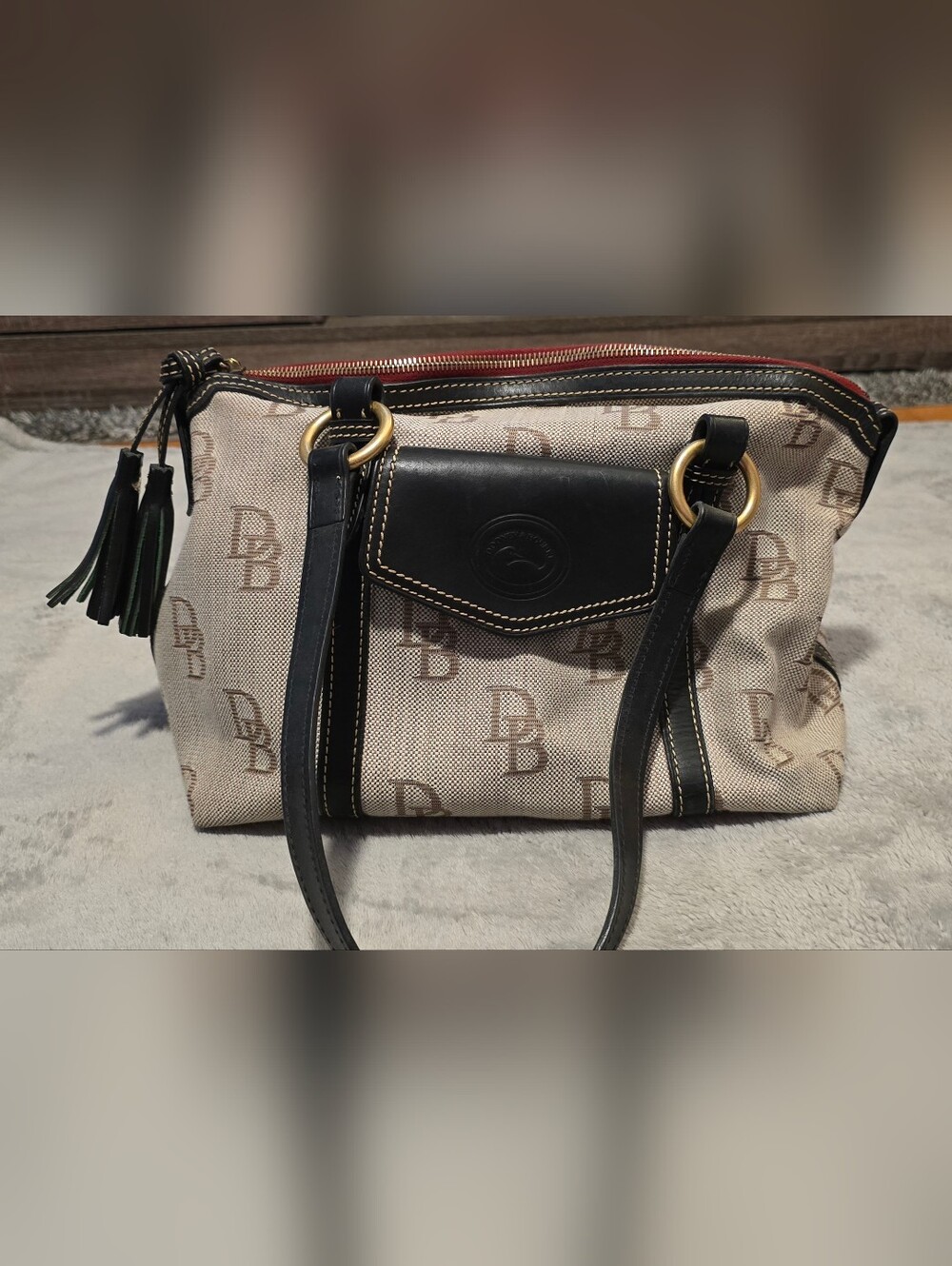 Dooney & Bourke Beige and Black Signature Logo Satchel